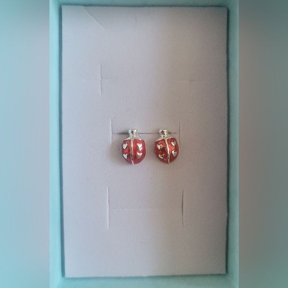 . 925 LadyBug with Hearts Post Stud Earrings - Picture 3 of 3